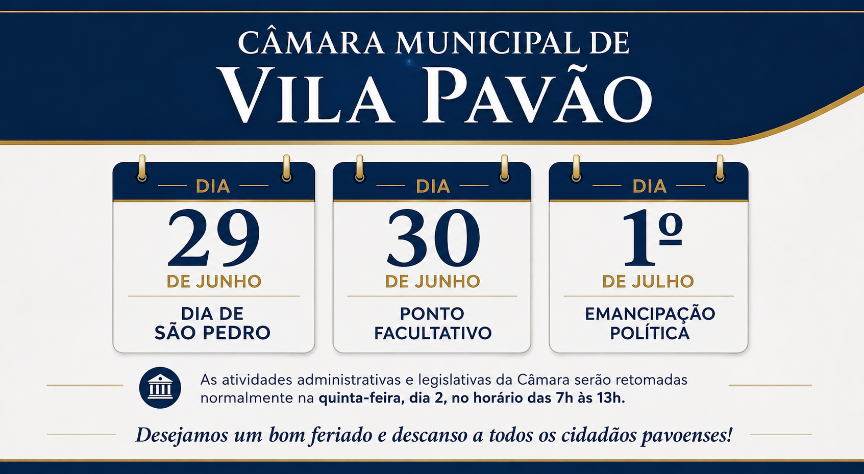 Imagem da notícia: Dia de São Pedro, padroeiro da cidade, ponto facultativo e o aniversário de Vila Pavão, mexem com a rotina da Câmara Municipal na próxima semana
