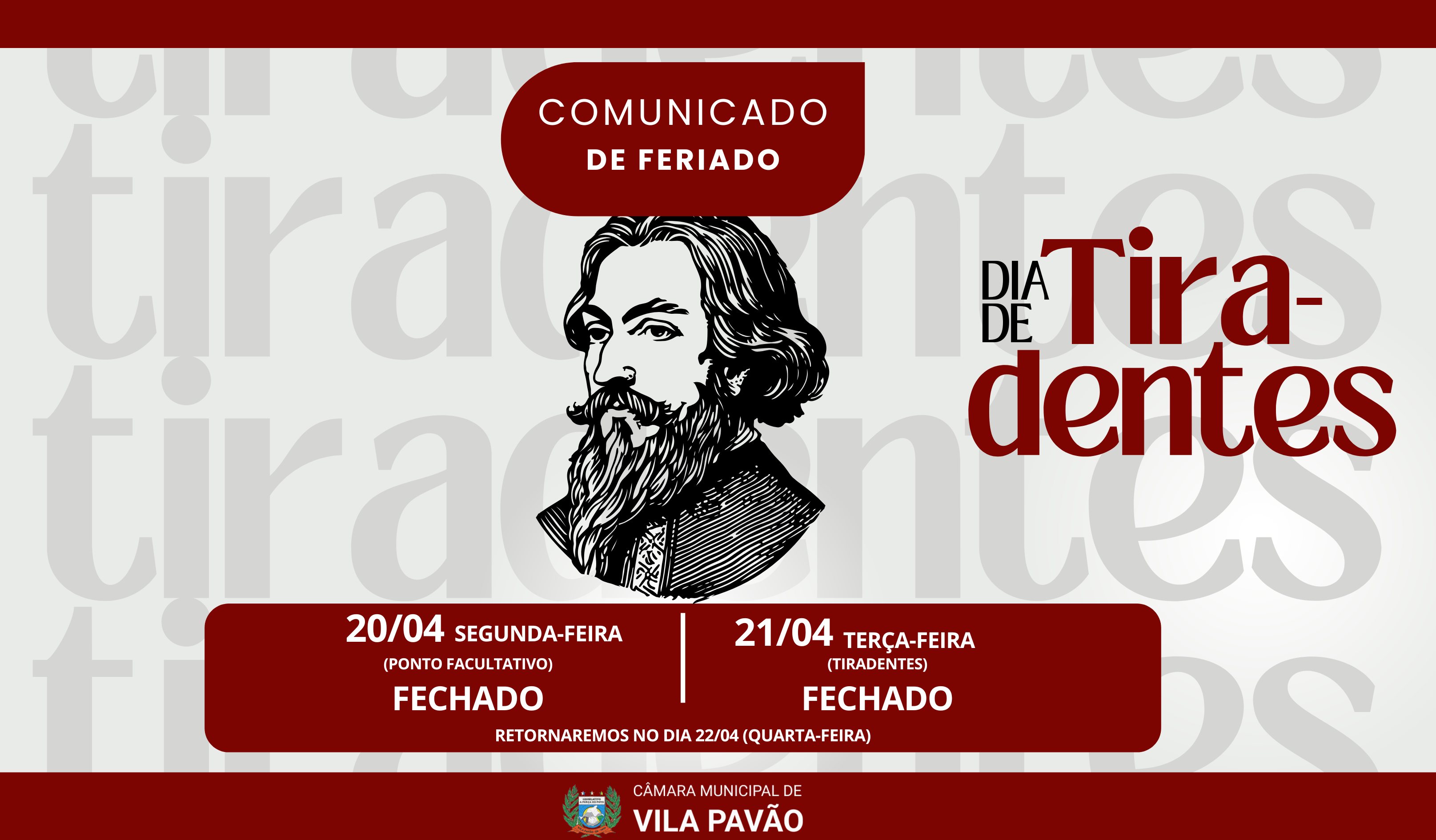 Imagem da notícia: Feriado de Tiradentes e ponto facultativo: confira o expediente da Câmara Municipal na próxima semana